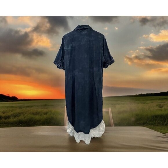 Prairie Style Jean Chambray Denim/Lace Hem Collar Dress Womens 16 Cottage Core - Picture 2 of 11